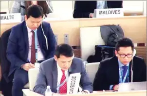  ?? SUPPLIED ?? Permanent Representa­tive of Cambodia to the UN Ney Sam Ol (centre) addresses the Human Rights Council in Geneva on Wednesday.