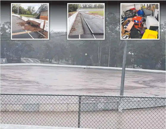  ?? Picture: SUPPLIED ?? A flooded Nerang velodrome and (inset) the variety of damage that was caused, including damage to equipment.