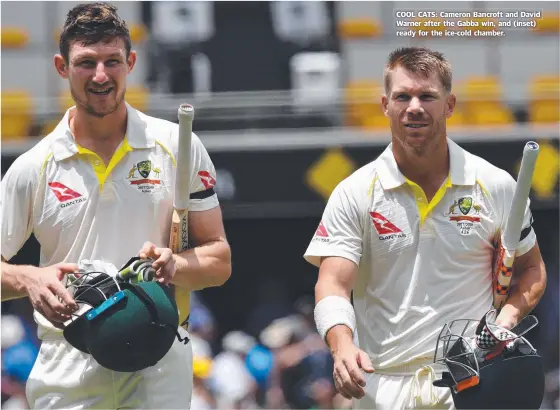  ??  ?? COOL CATS: Cameron Bancroft and David Warner after the Gabba win, and ( inset) ready for the ice- cold chamber.