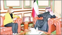  ??  ?? Governor of the Capital, Sheikh Talal Al-Khaled, received French Ambassador to Kuwait Anne Claire Legendre in his office.