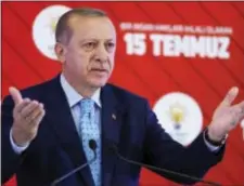  ?? PRESIDENCY PRESS SERVICE/POOL PHOTO VIA AP ?? Turkey’s President Recep Tayyip Erdogan gestures as he delivers a speech during a ceremony marking the July 15, 2016 , failed coup attempt anniversar­y, in Ankara, Turkey, Friday, A series of events honored about 250 people who were killed across Turkey...