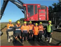  ??  ?? The first TimberPro 840D in New
Zealand, seen here, from left, with
Tinus Barnard (Komatsu Forest NZ),
Sid Leefe, Cale Subritzky Clark, Dane Subritzky Clark (foreman), Bronwyn Subritzky Clark, Willie Subritzky Clark and John Kosar (Komatsu Forest NZ), Absent: Kevin Jobe. Photo: Justin Morgan (Partridge Heavy Haulage).