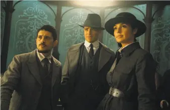  ?? Clay Enos / DC Comics-Warner Bros. Pictures ?? Saïd Taghmaoui (left), Chris Pine and Gal Gadot in “Wonder Woman.” Gadot plays Diana, who comes from a race of female warriors but encounters 20th century battle for the first time.