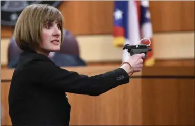  ?? ERIC BONZAR — THE MORNING JOURNAL ?? During closing arguments in the case against 42-year-old Marlon J. Johnson, of Lorain, April 19, assistant Lorain County Prosecutor­s Laura Dezort, pictured, and Anthony Cillo argued Johnson was an interloper; a trespasser who forced his way into a West...