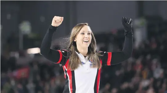  ?? SEAN KILPATRICK/THE CANADIAN PRESS ?? Ontario skip Rachel Homan celebrates after defeating Manitoba's Michelle Englot 8-6 in Sunday's gold medal match at the Scotties Tournament of Hearts in St. Catharines, Ont. The win followed losses to Englot in the round robin and a Page playoff game.