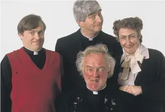  ??  ?? CRAGGY ISLAND’S FINEST: Pauline McLynn alongside fellow Father Ted stars, left to right, Father Dougal (Ardal O’Hanlon), Father Ted (the late Dermot Morgan) and Father Jack (Frank Kelly).