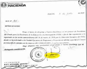  ??  ?? Parte del documento firmado por Lea Giménez enviado al MEC, solicitand­o informes sobre la denuncia.