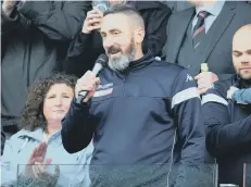  ?? ?? LOCAL HERO: Boro boss Jonathan Greening speaks to the fans after the win