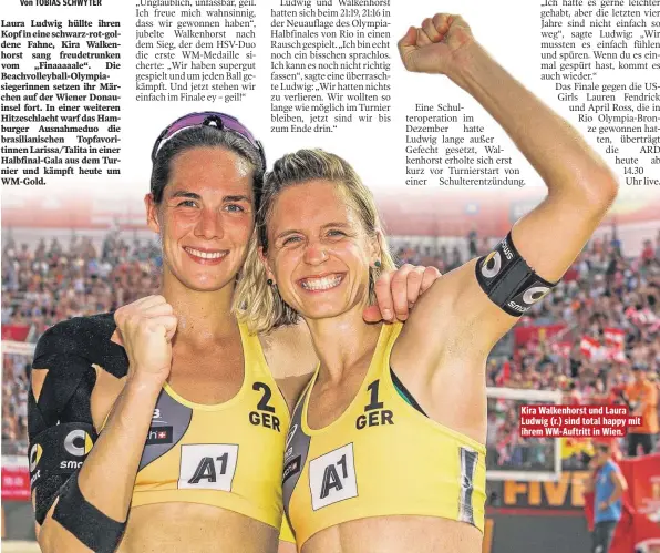  ??  ?? Kira Walkenhors­t und Laura Ludwig (r.) sind total happy mit ihrem WM-Auftritt in Wien.