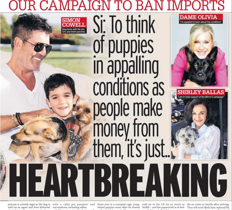  ??  ?? SIMON COWELL Dog-lover with his son Eric and their pooches
DAME OLIVIA
‘I’m appalled to learn about the conditions’
SHIRLEY BALLAS ‘I am in total support of the Mirror’s campaign’