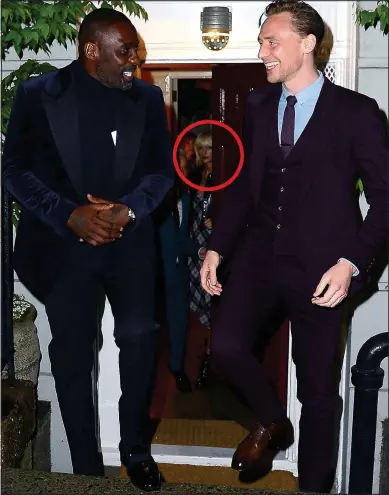  ??  ?? Party girl: Taylor Swift, left with DJ Calvin Harris. She was also at a party, circled above, attended by Idris Elba and Tom Hiddleston