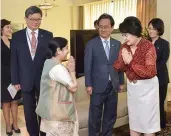  ?? — PTI ?? External affairs minister Sushma Swaraj greets South Korean first lady Kim Jung- sook before a meeting in New Delhi on Monday.