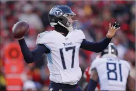  ?? JEFF ROBERSON - THE ASSOCIATED PRESS ?? Tennessee Titans’ Ryan Tannehill throws during the first half of the AFC Championsh­ip game against the Kansas City Chiefs Sunday, Jan. 19, 2020, in Kansas City, MO.