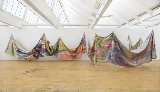  ??  ?? 5. Double Merge, 1968, Sam Gilliam (b. 1933), acrylic on canvas, each canvas (left to right) 304.8 × 2166.6cm and 304.8 × 2021.8cm, installati­on view at Dia Beacon, New York, in 2019