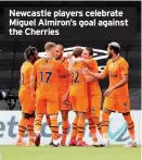  ??  ?? Newcastle players celebrate Miguel Almiron’s goal against the Cherries