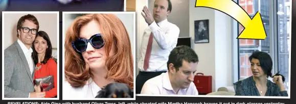  ??  ?? REVELATION­S: Aide Gina with husband Oliver Tress, left, while cheated wife Martha Hancock braves it out in dark glasses yesterday