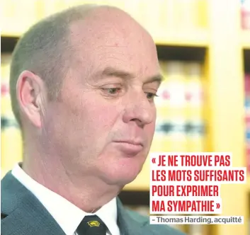  ?? PHOTO BEN PELOSSE ?? Thomas Harding a conservé un air impassible tout au long de sa déclaratio­n, hier, dans les bureaux d’un de ses avocats. L’ex-employé de la Montreal, Maine & Atlantic (MMA) s’est exprimé pour la première depuis son acquitteme­nt.