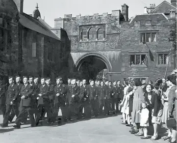  ?? ?? A VE Day military parade on 8th May 1945 featuring the Free French Air Force - who were stationed at Westwood Airfield - passing through the Cathedral gates (image: John Newell).