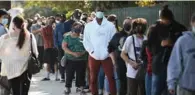  ?? (AFP) ?? People wait in long lines for coronavius tests at a walk-up COVID-19 testing site in San Fernando, California on Tuesday.