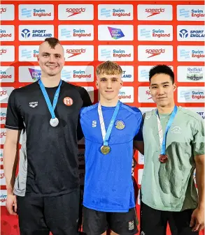  ?? PICTURE: Swim England/will Johnston Photograph­y ?? Joshua Gammon (centre) with his fellow 100m butterfly medallists
