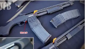  ??  ?? 弹匣卡笋 莫斯伯格590M的按­钮状弹匣卡笋位于扳机­护圈前部