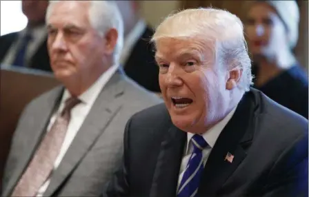  ?? EVAN VUCCI — THE ASSOCIATED PRESS ?? Secretary of State Rex Tillerson listens as President Donald Trump announces that the United States will designate North Korea a state sponsor of terrorism during a cabinet meeting at the White House, Monday in Washington.