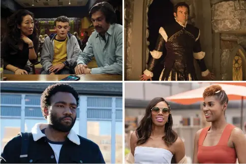  ??  ?? (Clockwise from upper left) Sandra Oh, Sean Delaney and Owen McDonnell in ‘Killing Eve’ (BBC America); Bill Hader in ‘Barry’ (John P. Johnson, HBO); Yvonne Orji, left. and Issa Rae in ‘Insecure’ (Merie W. Wallace, HBO); Donald Glover in ‘Atlanta’ (Curtis Baker, FX)