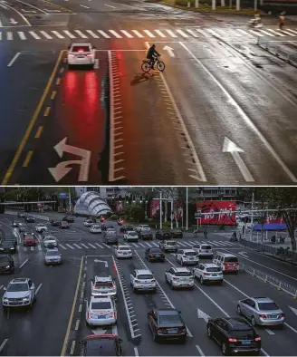  ?? Hector Retamal / AFP via Getty Images ?? Photos take in January, top, and April, bottom, show how vehicles are again clogging the streets of Wuhan, China, ground zero for the pandemic.