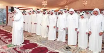  ??  ?? ■
WAM Shaikh Mohammad Bin Rashid, Shaikh Mohammad Bin Zayed, Shaikh Hamdan Bin Mohammad Shaikh Hamdan Bin Zayed and Shaikh Mansour along with others offer prayers in Dubai.