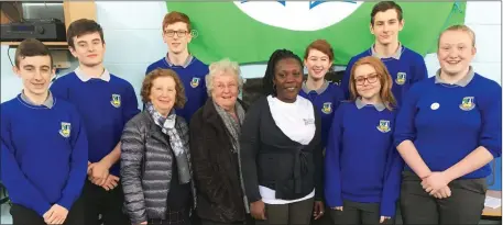  ??  ?? Fair Trade and banana plantation worker, Juliet Arku pictured during her inspiratio­nal visit to Castleisla­nd Community College last Wednesday. Ms Arku is pictured with: Liam Moloney, Joseph Sheehy, Mary Walsh, Niall Fagan, Sheila Hannon, Denise...