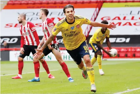  ?? Reuters ?? Arsenal’s Dani Ceballos after scoring their second goal against Sheffield United on Sunday in the FA Cup quarterfin­al match.