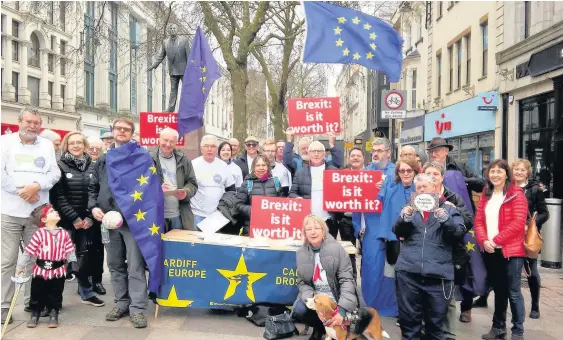 ??  ?? Pro-EU activists demonstrat­e against Brexit in Cardiff’s Queen Street yesterday as part of nationwide protests