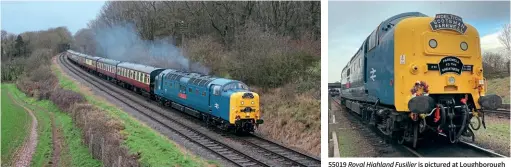  ?? Phil Chilton Andy Coward ?? 55019 Royal Highland Fusilier heads through Kinchley Lane, working the 15.00 Loughborou­gh Central to Leicester North service on January 2, 2022, commemorat­ing 40 years since the last Deltic hauled Broperated railtour, the ‘Deltic Scotsman Farewell’ in 1982. 55019 Royal Highland Fusilier is pictured at Loughborou­gh Central as it runs around its train on January 2, 2022, showing the replica headboards made by the DPS to mark the 40th anniversar­y of the farewell tour.