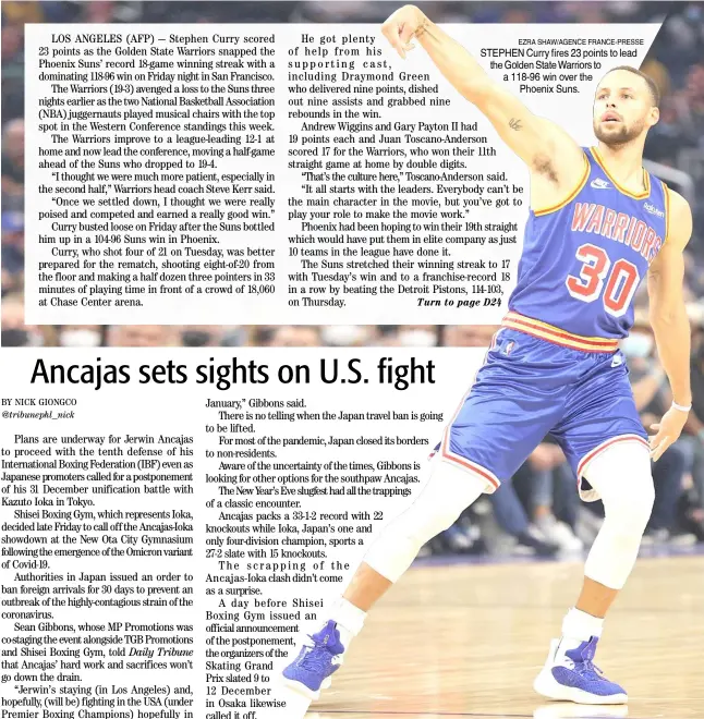  ?? EZRA SHAW/AGENCE FRANCE-PRESSE ?? STEPHEN Curry fires 23 points to lead the Golden State Warriors to a 118-96 win over the Phoenix Suns.