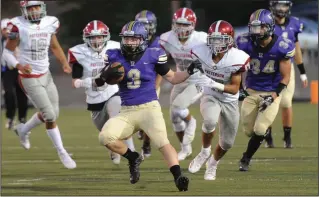  ?? NEWS-SENTINEL PHOTOS BY BEA AHBECK ?? Above: Tokay's Joseph Fillipini runs the ball during their season opener against Patterson at the Grape Bowl on Friday. Patterson won, 51-12. Below left: Tokay's Leo Garcia tackles Patterson's Miguel Alvarez. Below right: Tokay's Johnny Craggs runs for 47 yards to set up a touchdown two plays later.