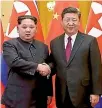  ?? PHOTO: XINHUA/AP ?? North Korean leader Kim Jong-un, left, and Chinese President Xi Jinping shake hands during their meeting in Beijing.