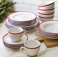  ??  ?? Brasserie Red-Banded Porcelain Dinner Plates, fully glazed with red band, larger and heavier than standard tableware, set of 4, $64.95. Visit williams-sonoma.com.