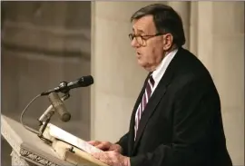  ?? HARAZ N. GHANBARI — THE ASSOCIATED PRESS ?? Mark Shields, a syndicated columnist and political analyst, speaks during a memorial service for the late U.S. Sen. William Proxmire in 2006, at the National Cathedral in Washington. Shields, who shared his insight into American politics and wit on “PBS NewsHour” for decades, has died. He was 85. “PBS NewsHour” spokesman Nick Massella says Shields died Saturday of kidney failure at his home in Chevy Chase, Md.