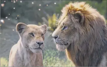  ?? Disney via Associated Press ?? This image released by Disney shows Nala, voiced by Beyoncé Knowles-carter, left, and Simba, voiced by Donald Glover, in a scene from “The Lion King.”