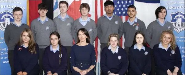  ??  ?? Sixth Year Subject Awards and LCA2 Class Awards winners. Back: Adam Leacy, Ciaran Paige, Alex Murphy,Rhys Doyle, Piyawat Ming-Khwan, Ramesh Badhan and Gergely Antal. Front: Sadhbh Murphy, Lauren Roche, school principal Eimear Ryan, Alannah Anglim,...