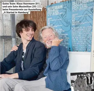  ??  ?? Gutes Team: Klaus Voormann (81) und sein Sohn Maximilian (29) beim Presseterm­in zur Ausstellun­g „It Started In Hamburg“