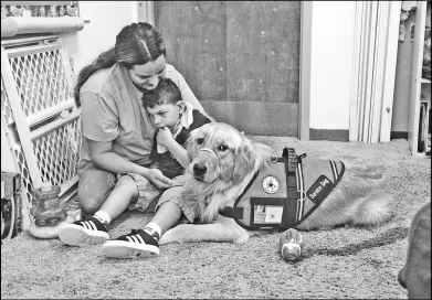  ?? DAVID MCKEOWN / STAFF PHOTOGRAPH­ER ?? Jansell Nunez holds her son, Dariel Nunez, as they sit with his new service dog, Kluck, on Thursday at St. Joseph’s Center for Special Learning, Pottsville.