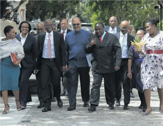  ?? Photo: Jeffrey Abrahams/Gallo Images ?? Finance Minister Tito Mboweni and his team arrive for the medium-term budget policy statement in Parliament in October last year. Since then, the Covid-19 pandemic has upended his best-laid plans.