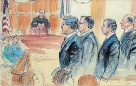  ?? DANA VERKOUTERE­N
THE ASSOCIATED PRESS ?? This courtroom sketch depicts Paul Manafort, fourth from right, standing with his lawyers in front of U.S. district Judge T.S. Ellis III, centre rear, and the selected jury, seated left, during his trial at the courthouse in Alexandria, Va.