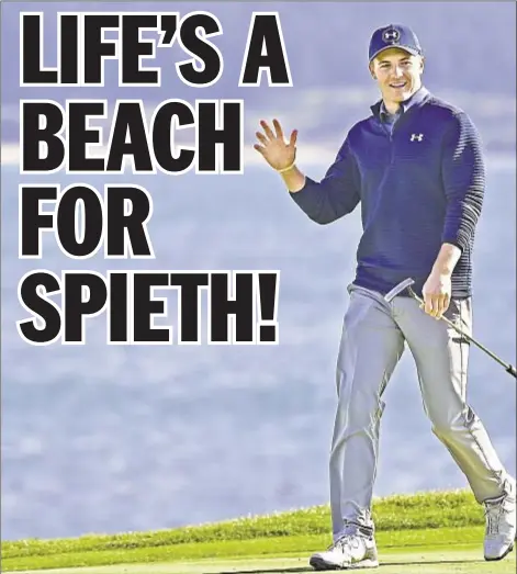  ??  ?? Jordan Spieth soaks in love from the crowd and the scenery as he cruises to easy win at Pebble Beach on Sunday.
