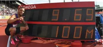  ?? JONATHAN NACKSTRAND/AFP/GETTY IMAGES ?? Andre De Grasse poses with his eye-popping wind-aided clocking of 9.69 seconds at the Diamond League track and field meet in Stockholm on Sunday. The Markham, Ont., native has won three races in a row.