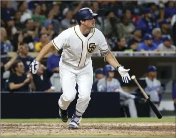  ?? AP PHOTO ?? In this Sept. 27 file photo, San Diego Padres' Hunter Renfroe watches his grand slam during a game against the Los Angeles Dodgers in San Diego.