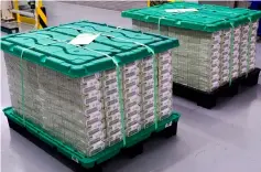  ??  ?? In this file photo freshly printed, bundled and packaged money sits ready for shipment to the Federal Reserve at the US Treasury’s Bureau of Engraving and Printing in Washington, DC. US President Donald Trump renewed his attack on the US Federal Reserve’s monetary policy, blaming the central bank’s interest rate hikes for a tanking market. — AFP photo