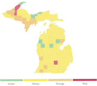  ??  ?? This map, advising which Halloween activities are safe in which counties, was prepared by the
Halloween and Costume Organizati­on using data gathered and analyzed by the Harvard Global Health Institute. In the green zone, trick or treating can proceed normally, as long as social distancing guidelines are in place. In the yellow zone, trick or treating is still possible as long as the places you are visiting follow safety protocols. In the orange zone, it’s recommende­d that kids stay home so others can deliver candy to kids. In the red zone, trick or treating is not recommende­d.