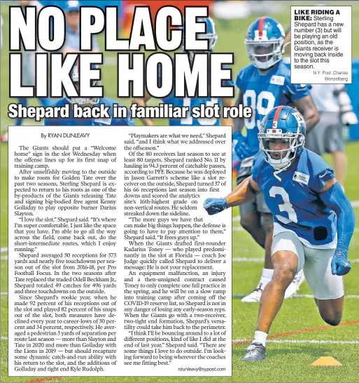  ?? N.Y. Post: Charles Wenzelberg ?? LIKE RIDING A BIKE: Sterling Shepard has a new number (3) but will be playing an old position, as the Giants receiver is moving back inside to the slot this season.